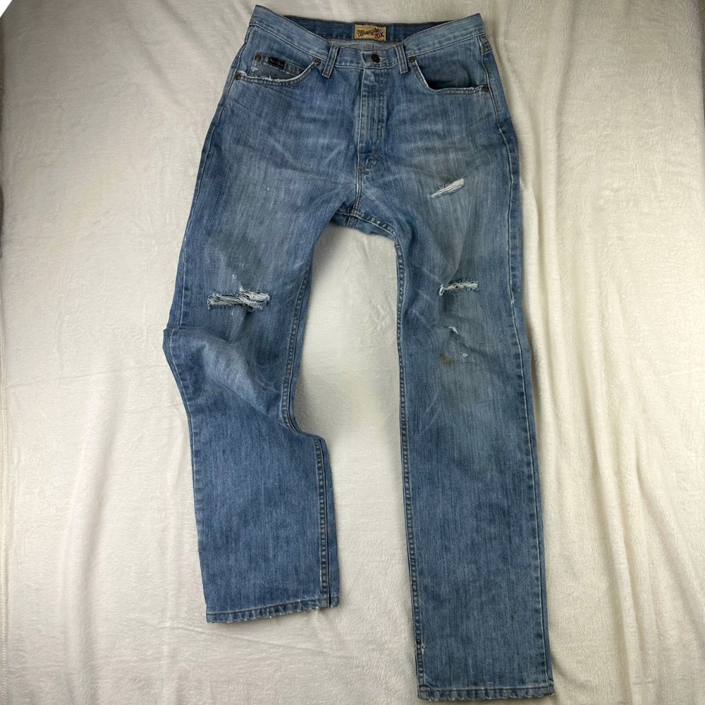 Wrangler Jeans Mens 20X Straight 33x36 Blue Distressed Workwear Cotton Stained